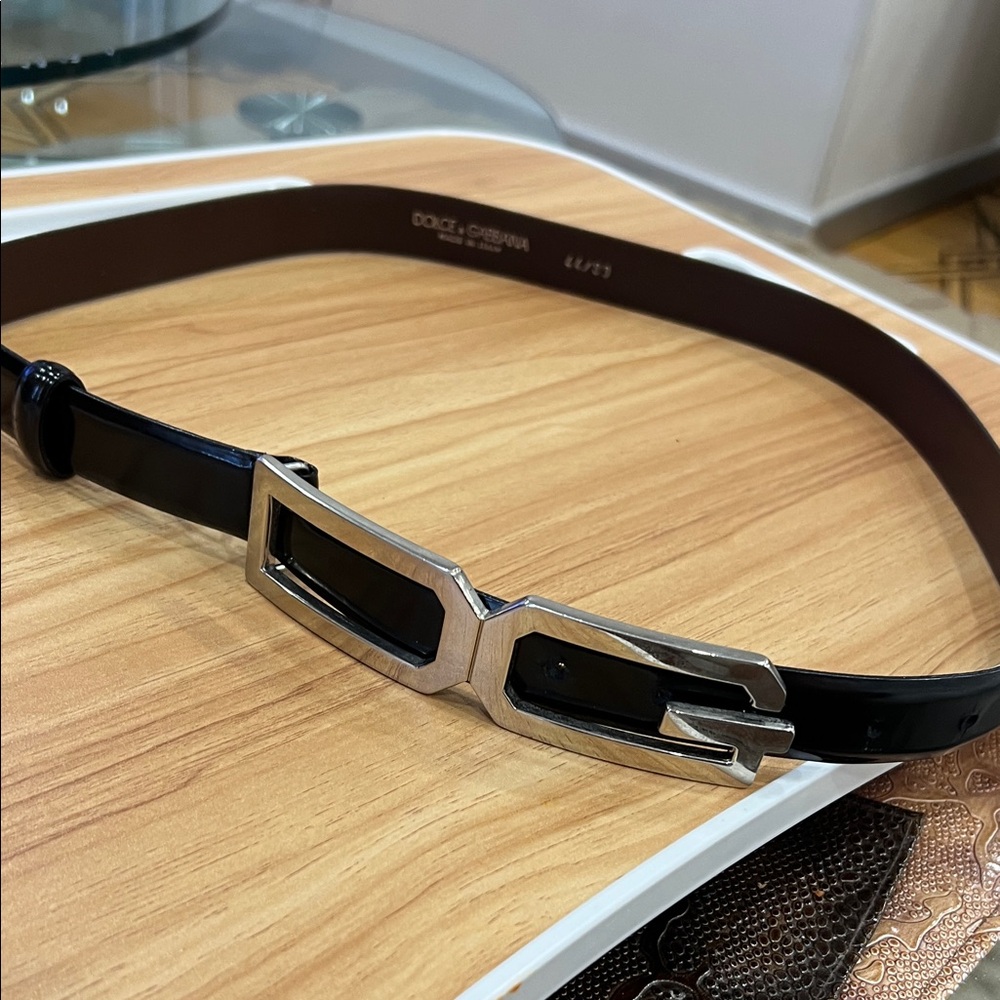 Dolce & Gabbana Black Patent Leather Belt with Silver Logo Buckle